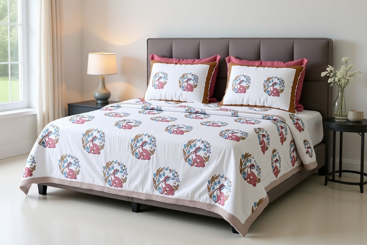 Raj Gharana Jaipur Cotton Bedsheet | 100% Pure Cotton | Premium Handblock Printed King Size Bed Sheet with Pillow Covers | Rabbit Red - Shopurneeds