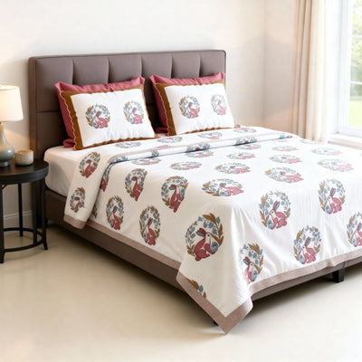 Raj Gharana Jaipur Cotton Bedsheet | 100% Pure Cotton | Premium Handblock Printed King Size Bed Sheet with Pillow Covers | Rabbit Red - Shopurneeds
