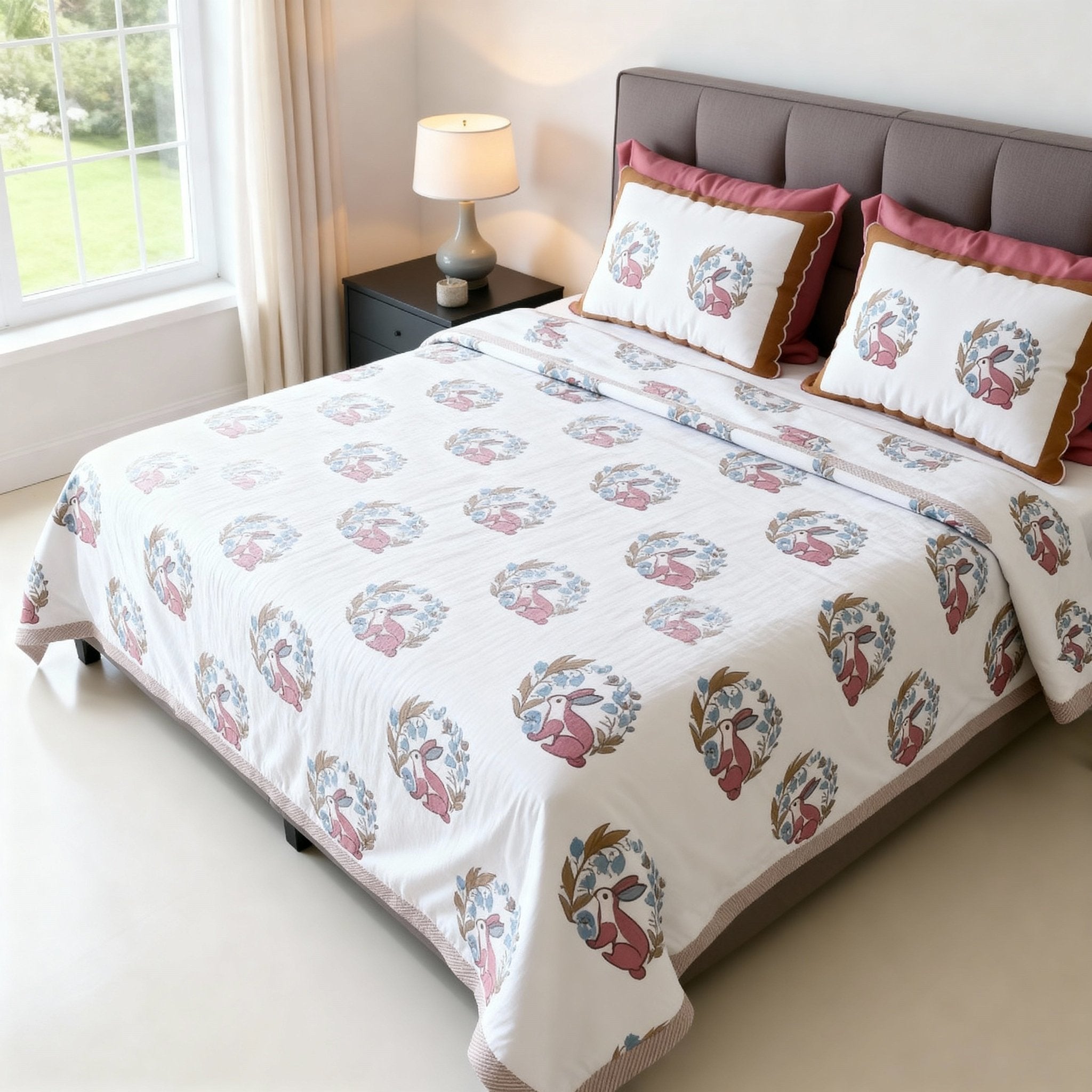 Raj Gharana Jaipur Cotton Bedsheet | 100% Pure Cotton | Premium Handblock Printed King Size Bed Sheet with Pillow Covers | Rabbit Red - Shopurneeds