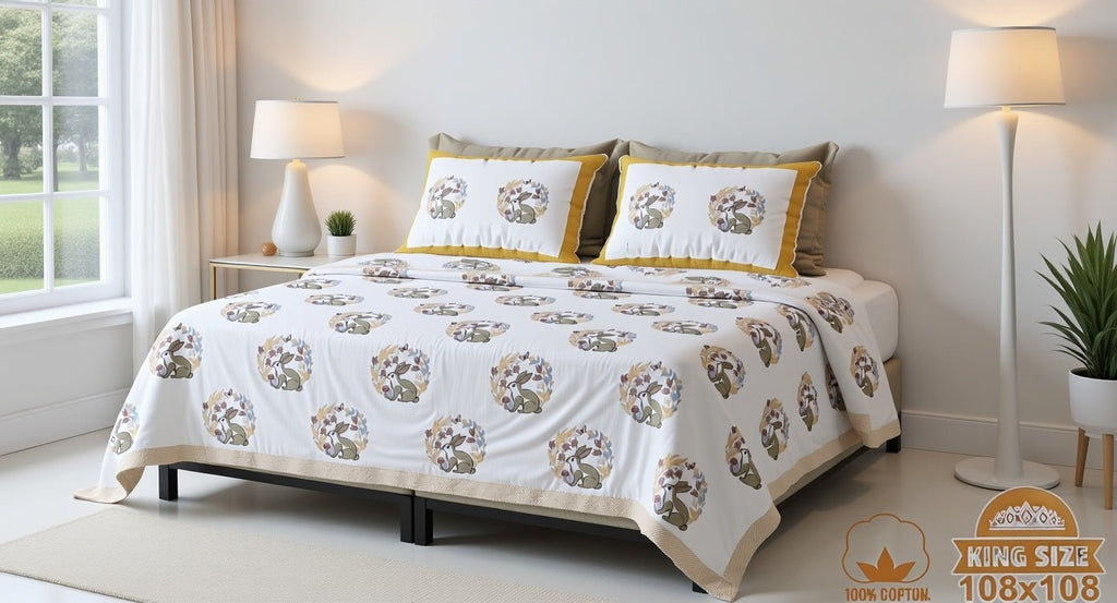 Raj Gharana Jaipur Cotton Bedsheet | 100% Pure Cotton | Premium Handblock Printed King Size Bed Sheet with Pillow Covers | Rabbit Yellow - Shopurneeds