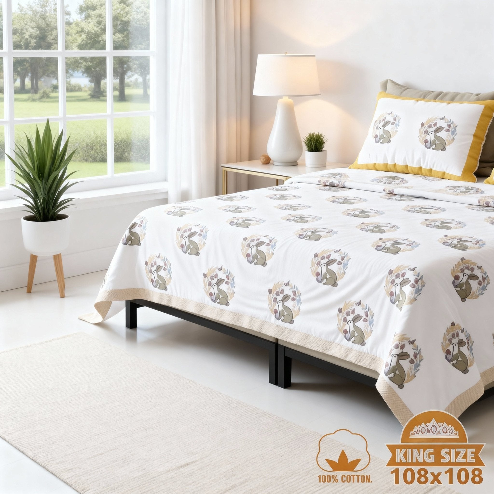 Raj Gharana Jaipur Cotton Bedsheet | 100% Pure Cotton | Premium Handblock Printed King Size Bed Sheet with Pillow Covers | Rabbit Yellow - Shopurneeds