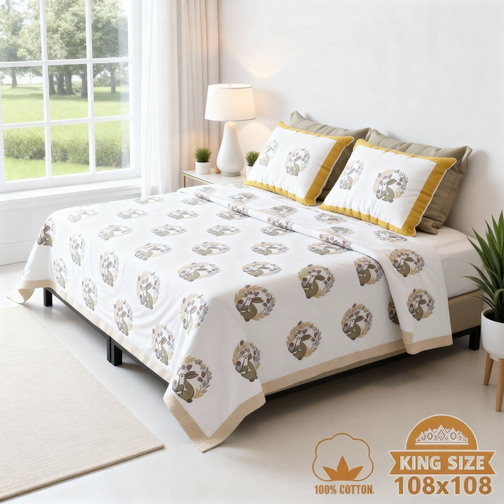Raj Gharana Jaipur Cotton Bedsheet | 100% Pure Cotton | Premium Handblock Printed King Size Bed Sheet with Pillow Covers | Rabbit Yellow - Shopurneeds