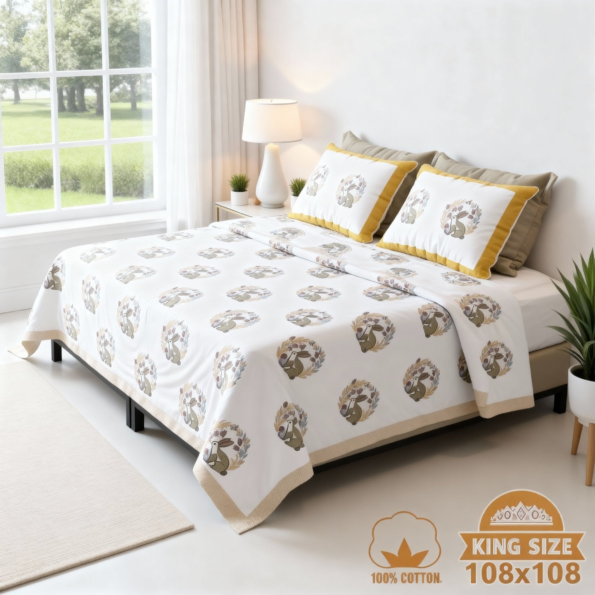 Raj Gharana Jaipur Cotton Bedsheet | 100% Pure Cotton | Premium Handblock Printed King Size Bed Sheet with Pillow Covers | Rabbit Yellow - Shopurneeds