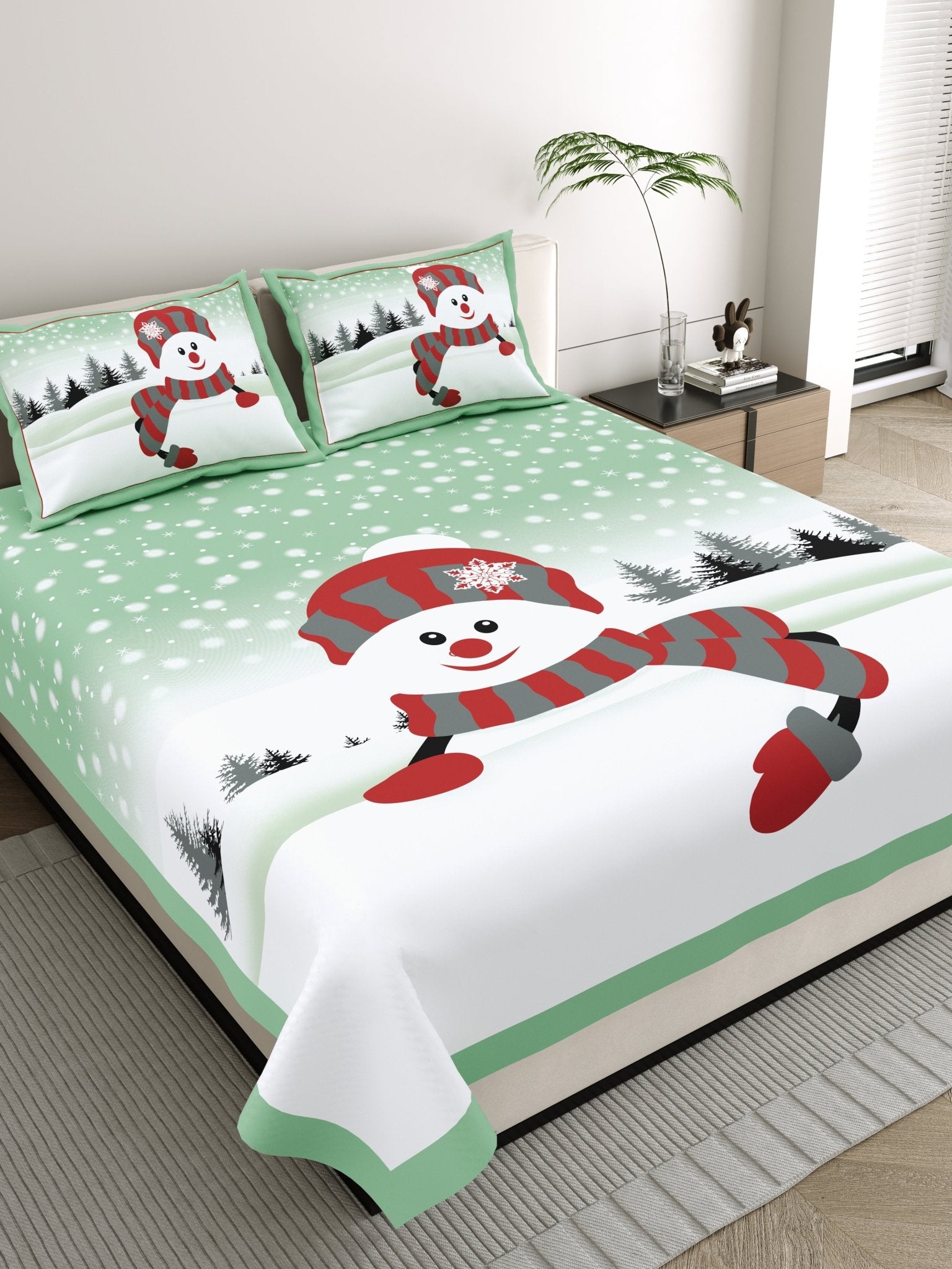 Raj Gharana Jaipur Cotton Bedsheet | 100% Pure Cotton | Premium Handblock Printed King Size Bed Sheet with Pillow Covers | Snowman Green - Shopurneeds