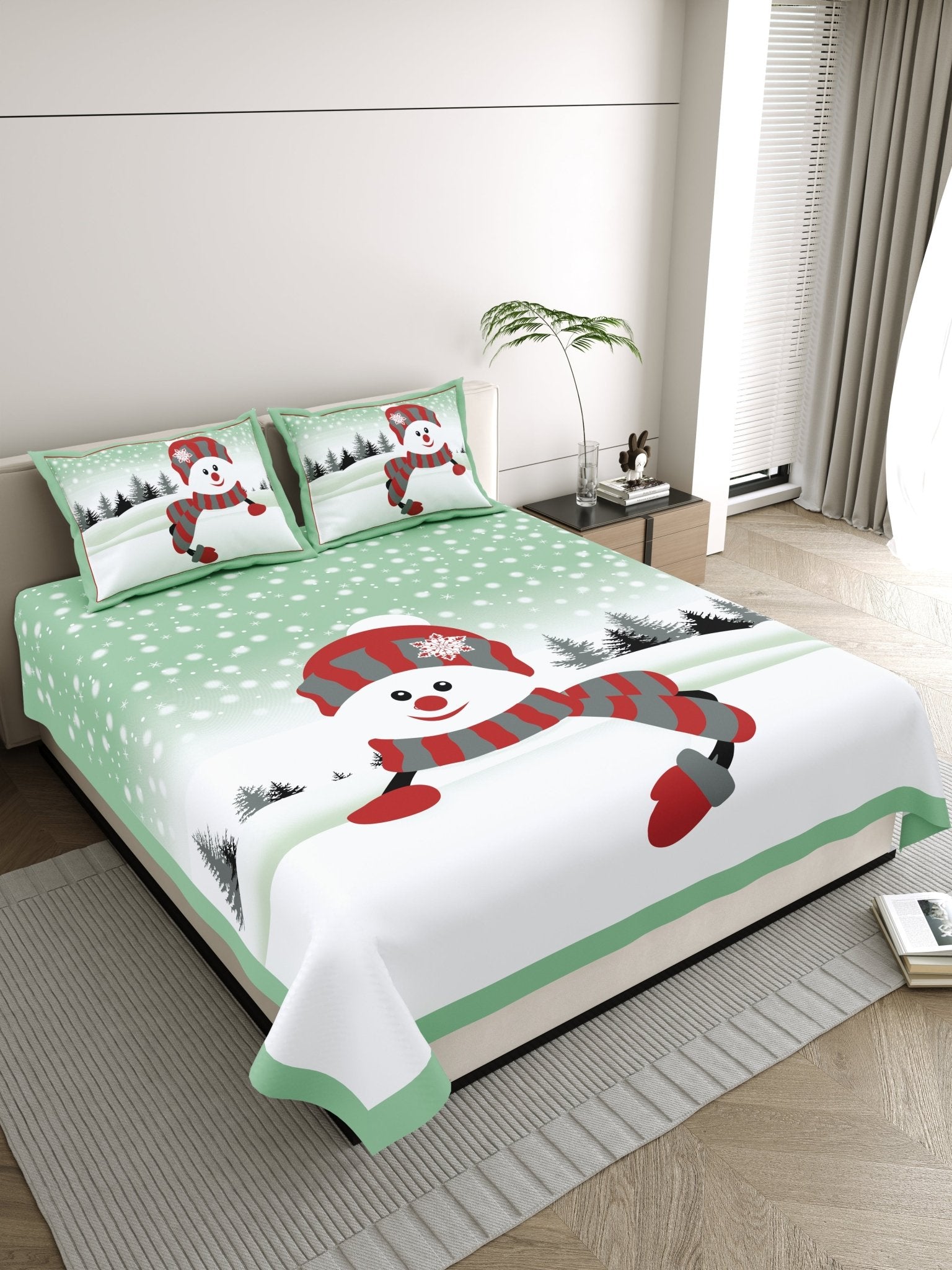 Raj Gharana Jaipur Cotton Bedsheet | 100% Pure Cotton | Premium Handblock Printed King Size Bed Sheet with Pillow Covers | Snowman Green - Shopurneeds