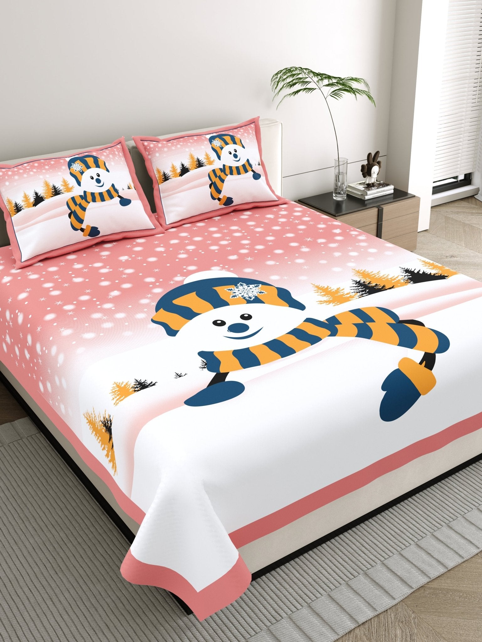 Raj Gharana Jaipur Cotton Bedsheet | 100% Pure Cotton | Premium Handblock Printed King Size Bed Sheet with Pillow Covers | Snowman Red - Shopurneeds