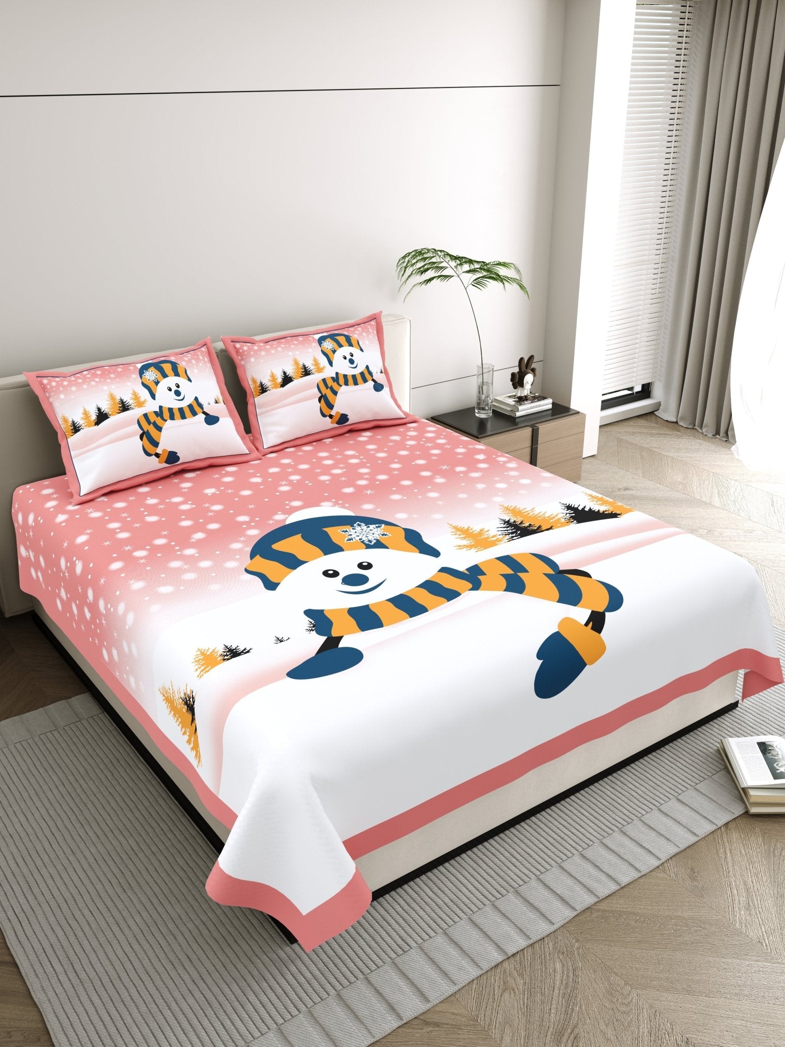 Raj Gharana Jaipur Cotton Bedsheet | 100% Pure Cotton | Premium Handblock Printed King Size Bed Sheet with Pillow Covers | Snowman Red - Shopurneeds